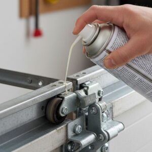 Professional image of hands lubricating garage door parts