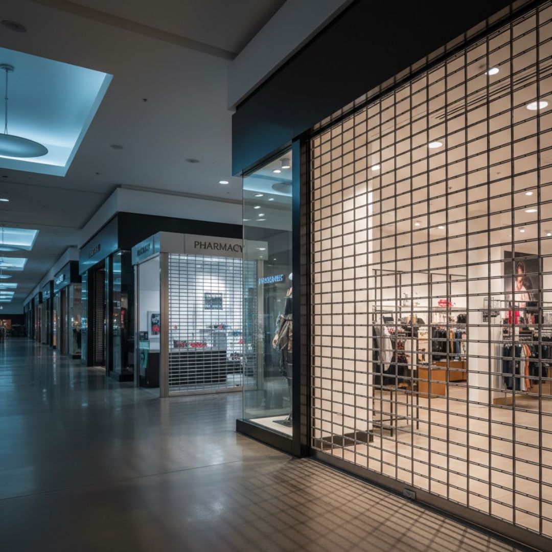 High-strength aluminum security coiling grills protecting a retail storefront in a shopping mall while maintaining visibility and airflow.
