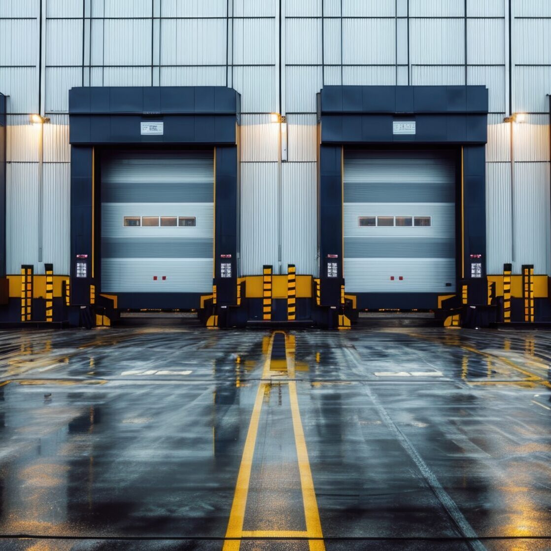 Tall doors at the loading dock of a distribution center.