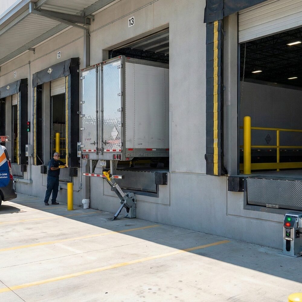 Wide view of a Coast 2 Coast Garage Door service van parked at a commercial loading dock, with both manual and powered truck restraints visible securing semi-trailers.
